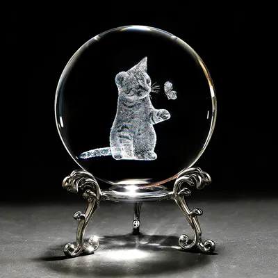 3D-Kristallkugel mit Katzenmotiv, 60 mm, inkl. Ständer