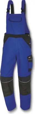 A pair of blue and black work overalls shown from the front.