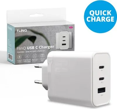 Produktbild von FlinQ 65W Schnellladeadapter USB-C – Schnellladeadapter – Laptop-Schnellladegerät – Universeller Adapter – PD GaN 2x USB-C & 1x USB-A – Weiß