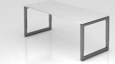 Produktbild von Schreibtisch Pavo | Weiß | Graues Gestell | BxT 180x80cm | Arbeitshöhe 65-85cm | höhenjustierbar, 1cm Raster | O-Fuß-Gestell eckig | Rechteckform mit schwebender Tischplatte