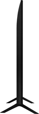 A side view of a black television on a white background.