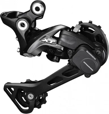 A black bicycle derailleur is shown against a white background.