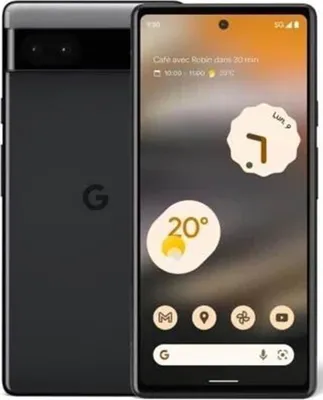 A black Google Pixel 6a smartphone is shown from the front and back, with its screen displaying widgets and notifications.
