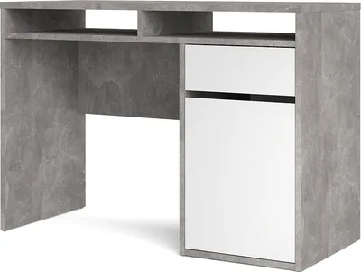 Image de Plus Bureau avec 1 porte, 1 tiroir et 2 étagères,Reproduction béton / blanc brillant.