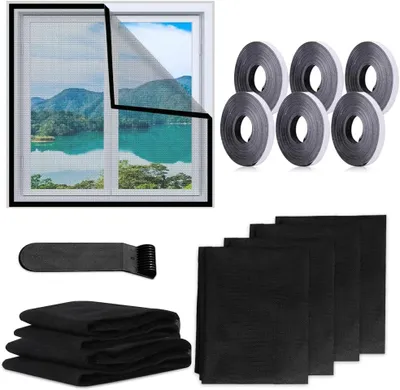 Imagen del producto de Mosquitera autoadhesiva, para protección contra insectos, de 130 x 150 cm, con 6 rollos de cinta de velcro, para ventanas