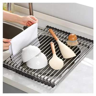 Produktbild von Abtropfgestell Geschirr, Geschirrabtropfgestell Edelstahl über Dem Spülbecken, Abtropfmatte, Faltbare Abtropfgitter spüle Küchen Organizer für Spültuchhalter, Obst, Gemüse. (Schwarz(43*35))