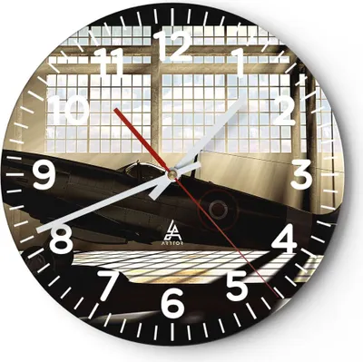 Produktbild von Wanduhr - Rund - Glasuhr - Airplain Hangar Flug historisch - 30x30cm - Schleichendes Uhrwerk - Lautlos - zum Aufhängen bereit - Dekoration Modern - Wanddekoration aus Glas - C4AR30x30-2969