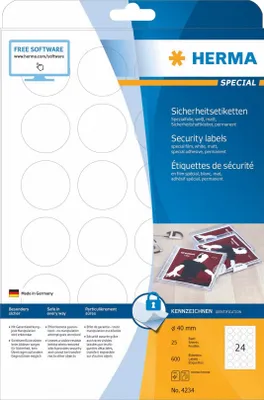 Zdjęcie produktu dla HERMA 4234, Biały, Samoprzylepne etykiety do drukowania, A4, Laser, Na stałe, Matowy