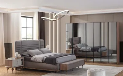 Produktbild von Moderne Schlafzimmer Möbel Garnitur Doppelbett Nachttische Glasschrank