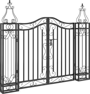 A black wrought iron garden gate with decorative scrollwork.