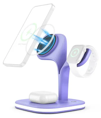 Produktbild von 5-in-1-Ladestation, Mag-Safe magnetisch, kabelloser Ladeständer mit LED-Nachtlicht, geeignet für mehrere Geräte, Handy-Ladeständer, Lila