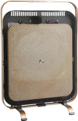 A freestanding electric heater with a copper-colored frame and a beige heating panel behind a black mesh grill, shown against a white background.