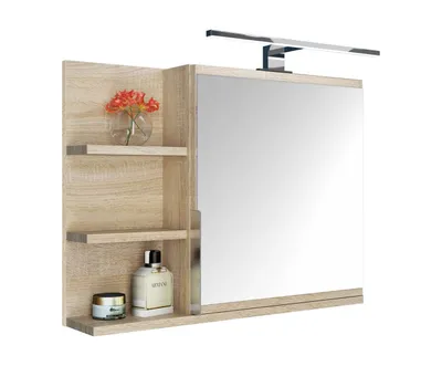 Produktbild von DOMTECH Badezimmerschrank, Eiche Sonoma, mit Spiegel, LED-Beleuchtung, Ablagen, Links, aus Laminat und Aluminium, zur Wand- und Selbstmontage, 60x50x14 cm (BxHxT), 5W, 3 Außen- und 2 Innenböden