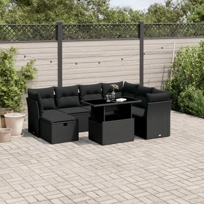 Produktbild von Design 8-tlg. Garten-Sofagarnitur mit Kissen Schwarz Poly Rattan, Gartenmöbel-Sets 2024 Neu