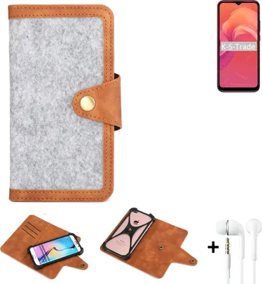 Produktbild von K-S-Trade Handyhülle + Kopfhörer kompatibel mit Doogee X96 Schutzhülle Filz Hülle Kunstleder hellgrau braun (1x)