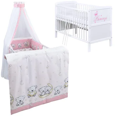 Produktbild von Baby-Delux Babybett Kinderbett Natalie Princess 70x140 Weiß mit Matratze Komplett Bettset Teddy Mond rosa
