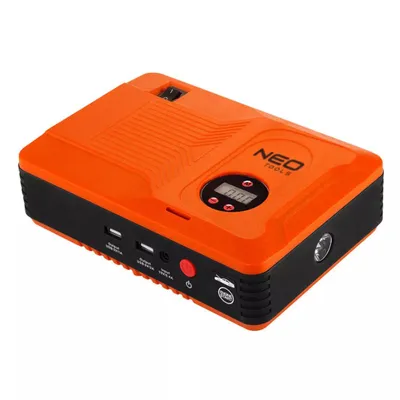 An orange and black jump starter unit is shown against a white background.
