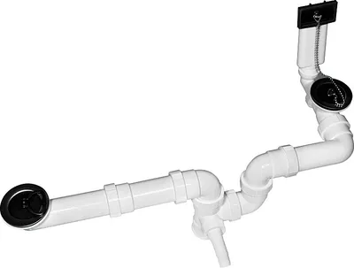 A white plastic plumbing drain assembly with two strainers and a stopper.