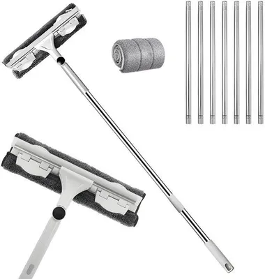 Produktbild von Unyqoos® Teleskop-Fensterreinigungsset 3,9 m – 180° drehbarer Kopf, 10 Metallstangen, Chenille- & Mikrofaserpads + Gummilippe, innen & außen