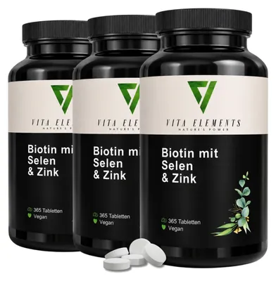 Produktbild von Vita Elements Biotin Selen Zink Komplex 3er Set 365 Tabletten Haut Selenium Zinc Nahrungsergänzungsmittel
