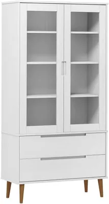 Produktbild von Vitrinenschrank MOLDE Weiß - 90x35x175 cm Bücherregal aus Massivholz Kiefer mit 2 Glastüren & 2 Schubladen - Großer Glasschrank & Anrichte fürs Wohnzimmer