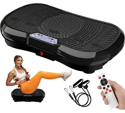 Image de Platine vibrante - Appareil de fitness - Moteur silencieux de 200W - 120 niveaux - 10 programmes - Télécommande et élastiques de résistance - Écran LED - Entraînement à domicile - Noir