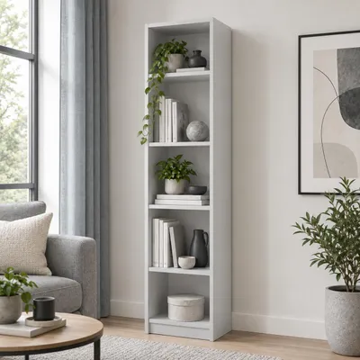Produktbild von Modernes Bücherregal 50x31x183 cm – Hellgrau – 5 Ablagen – Standregal aus 16 mm Möbelplatte, KI-generiertes Bild