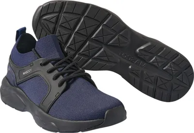 A pair of blue and black sneakers shown from a slightly elevated side view, with the sole of one shoe prominently displayed.