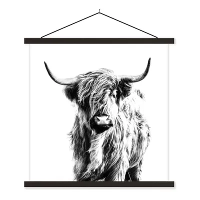 Produktbild von MuchoWow® Textilposter Schwarz und Weiß - Schottischer Highlander - Tiere 40x40 cm mit schwarzem Rahmen - Fotos