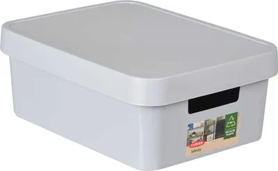 A light gray storage box with a lid, shown from a three-quarter angle.