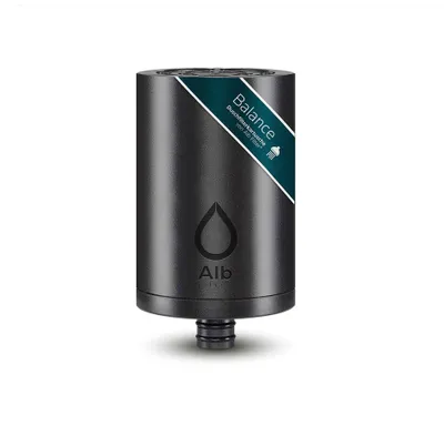 A black cylindrical water filter cartridge with a label.