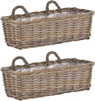 Zdjęcie produktu dla KRINES HOME Zestaw / 2 rattanowe kosze balkonowe Szary kosz na rośliny z foliową skrzynką balkonową do wiszących doniczek ściennych Kosz balkonowy (60 cm)