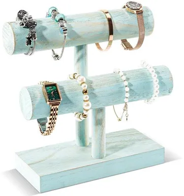 Image de Présentoir à bracelets en bois en forme de T à deux niveaux, supports amovibles, présentoir à bijoux, présentoir à bracelets, présentoir vintage pour bracelets, présentoir pour montres, rangement pour bracelets, barrettes et montres - Bleu