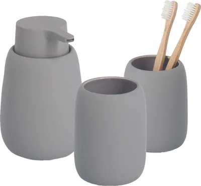 Produktbild von 3-teiliges Badezimmer-Set Keramik grau, Badzubehör-Set besteht aus: Seifenspender, 2x Zahnputzbecher, moderne Badausstattung von Zeller