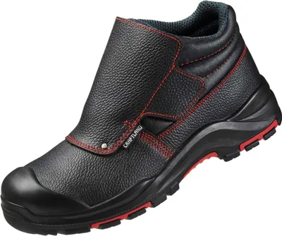 A black work boot with red stitching and red accents on the sole.
