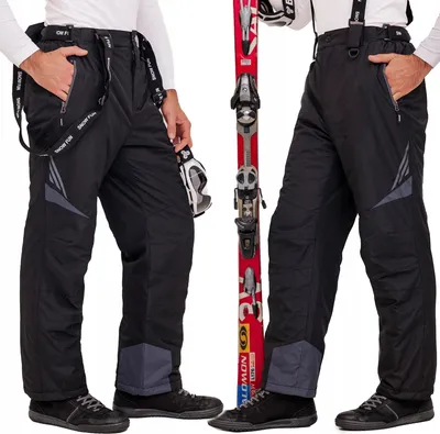 Two men wearing ski pants and holding skis and gloves, presented side-by-side.
