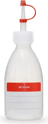Produktbild von 50 Plastikflaschen 100 ml aus LDPE, natur, G18, Tropfverschluss, rotes Halteband und Käppchen