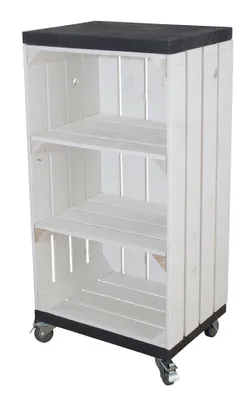 Produktbild von Regal mit 2 Mittelbretter in Weiß und schwarzen Bohlenbrett, auf Rollen 79x40x31cm Obstkisten Weinkisten