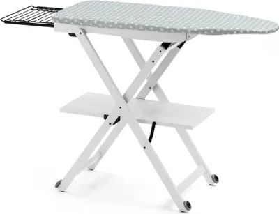 Produktbild von ARIT Bügeltisch STIROCOMODO, höhenverstellbar,  Gestell aus massiver Buche, Räder an der Basis, verschiebbarer Bügeleisenhalter - Farbe Weiß