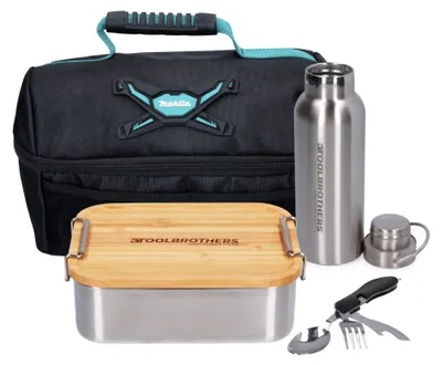 Produktbild von Toolbrothers Fan Lunchpaket in Makita Kühltasche mit Edelstahl Brotdose mit Bambus Deckel 1200 ml + Edelstahl Trinkflasche 500 ml + 4 in 1 Multifunktions Besteck