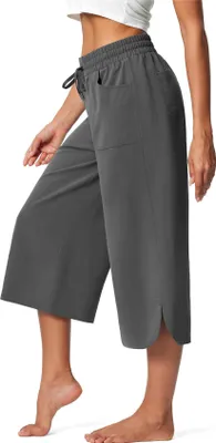 Obrázek produktu pro ASKSA Dámské 3/4 kalhoty Capri kalhoty s širokou nohavicí Letní kalhoty Jogging kalhoty Pohodlné palazzo Elegantní ležérní kalhoty Volné tepláky na jógu s kapsami (šedá,M)