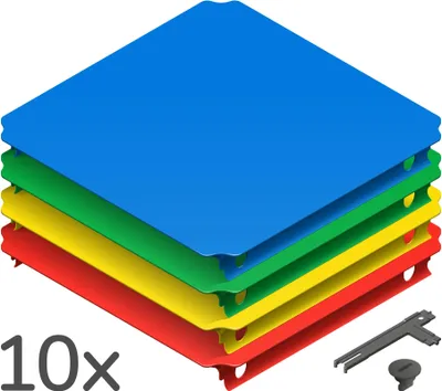 A stack of colorful plastic plates, likely for a building toy set, with a small accessory tool shown at the bottom right.