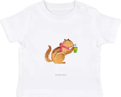 Produktbild von Mr. & Mrs. Panda Organic Baby Shirt Eichhörnchen Smoothie 12. - 18. Monat - Weiß - Geschenk,  T-Shirt, Babyshirt, Streifenhörnchen, Diät, Lustige Sprüche, Kleinkind