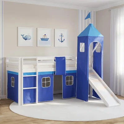 Produktbild von Homestyle4u Hochbett 90x200 mit Rausfallschutz mit Rutsche Leiter Tunnel Turm Weiß Blau 90x200