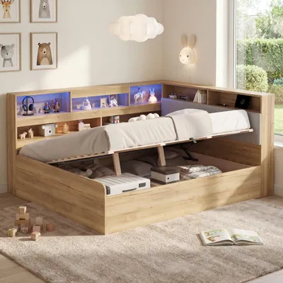 Image de Lit rembourré 140 x 200 cm avec rangement, système hydraulique et sommier à lattes, lit de jour avec station de recharge USB et éclairage LED, cadre de lit aspect bois, capacité de charge de 150 kg, design naturel, expédié en 4 colis