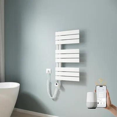 Productafbeelding van Elektrische handdoekradiator, 762x400 mm, plat model, badkamer radiator, handdoekhouder, elektrische handdoekwarmer, handdoekdroger, handdoekradiator met thermostaat en verwarmingselement, 400W, wit