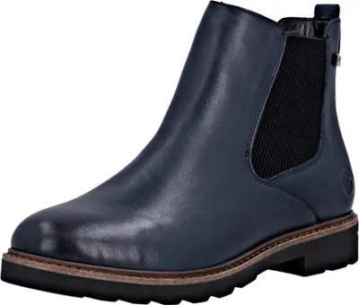A single navy blue Chelsea boot is shown against a white background.