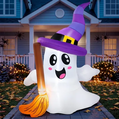 Productafbeelding van FT tall Halloween inflatables ghost outdoor decoraties - Set van 6 - Leuke blow up ghost holding bezem met LED