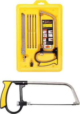 Produktbild von 7 in 1 Mini Hand Bügelsäge Set für Holz & Metall | multifunktions Handsäge für Camping & Outdoor | Mehrzweck Drahtsäge [24,5cm] | Kappsägen mit 6x Sägeblatt für Metall, Glas, Fliesen & Holz | Laubsäge