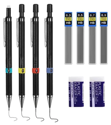 Produktbild von Druckbleistift Set 4 Stück 0,3/0,5/0,7/0,9 mm Minen, 48 HB Minen, 2 Radiergummis